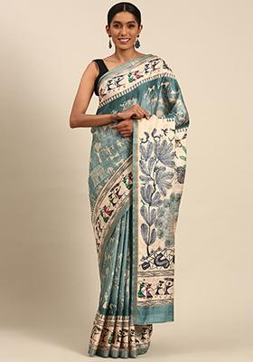 Blue Abstract Print Cotton Saree Set