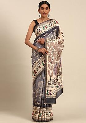 Grey Abstract Print Cotton Saree Set