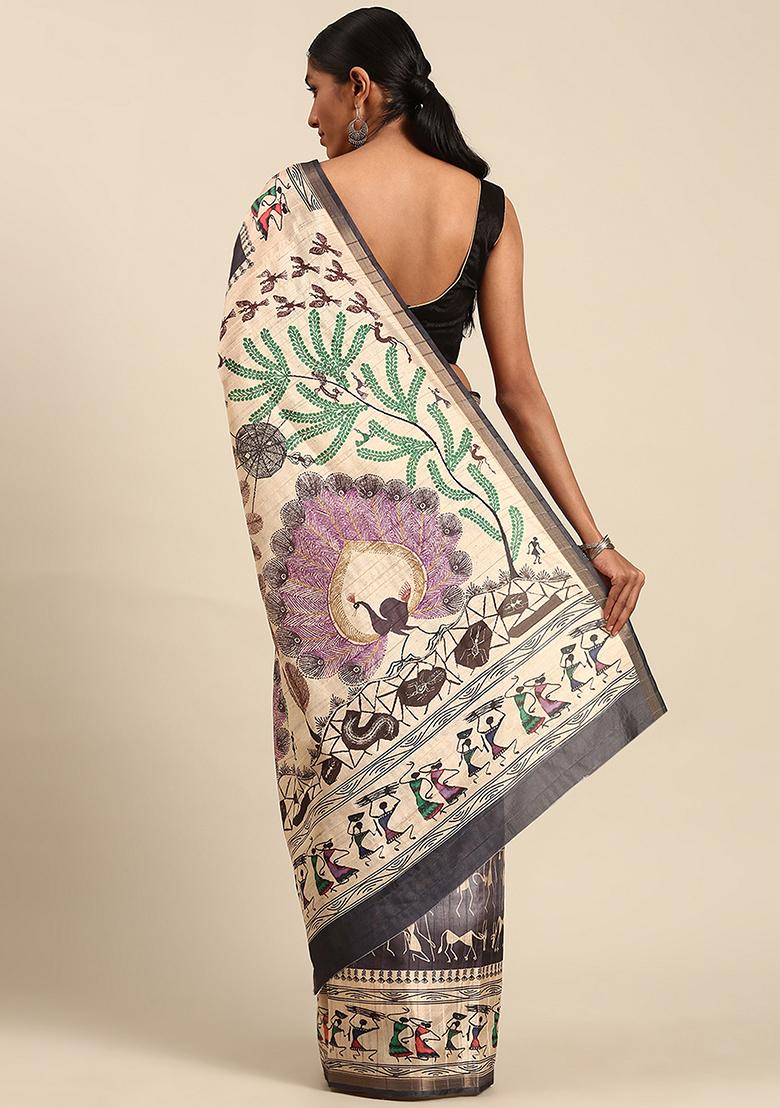 Grey Abstract Print Cotton Saree Set
