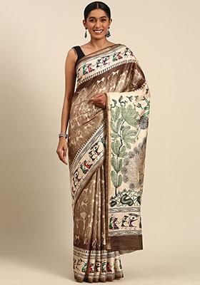 Brown Abstract Print Cotton Saree Set