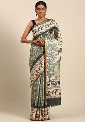 Green Abstract Print Cotton Saree Set