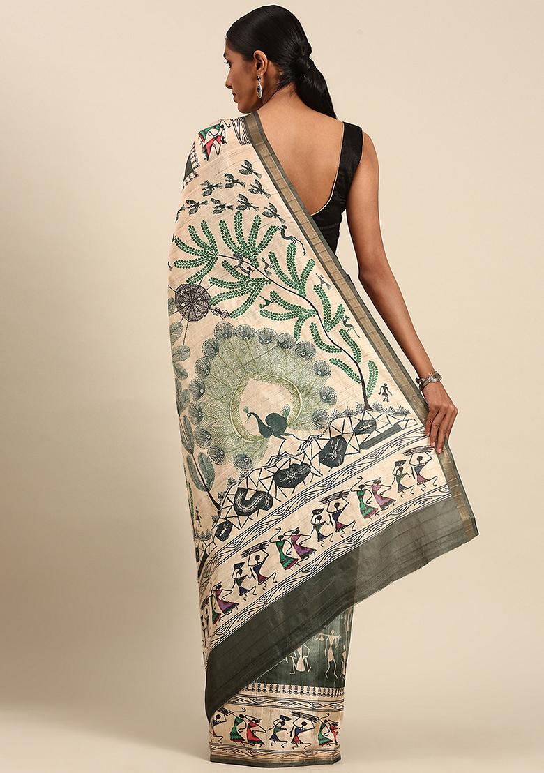 Green Abstract Print Cotton Saree Set