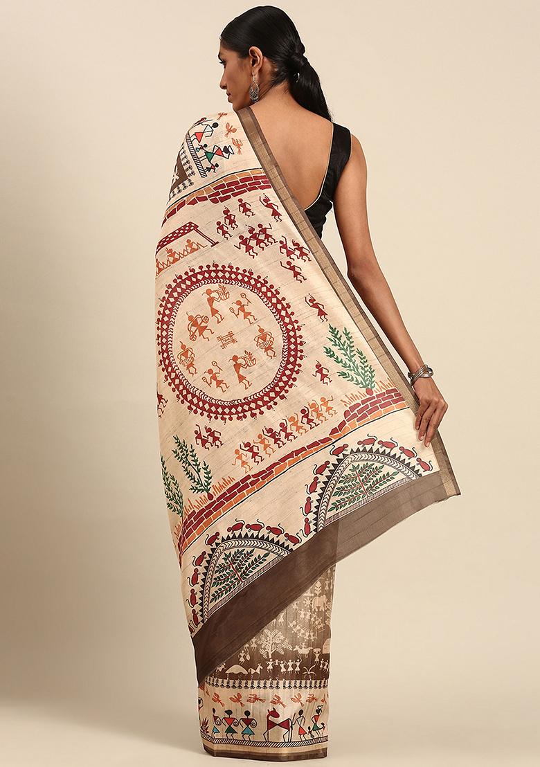 Coffee Brown Abstract Print Cotton Saree Set