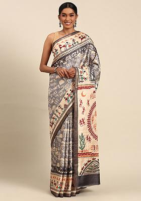 Grey Abstract Print Cotton Saree Set