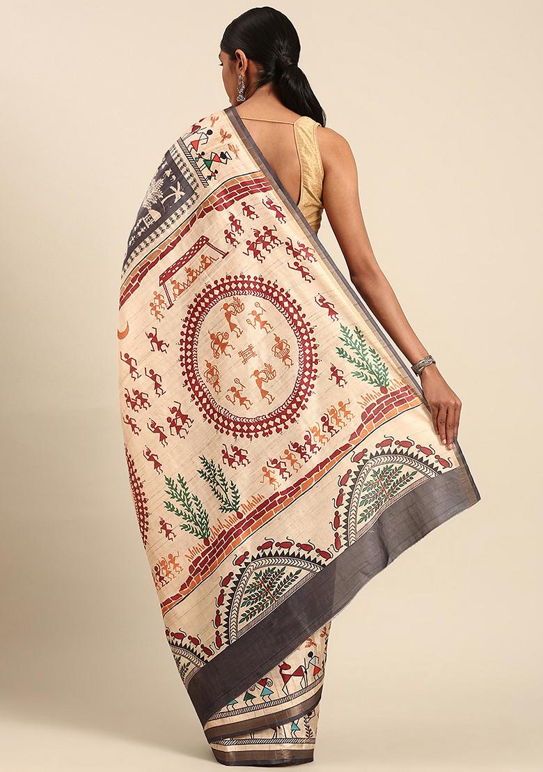 Grey Abstract Print Cotton Saree Set