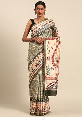 Green Abstract Print Cotton Saree Set