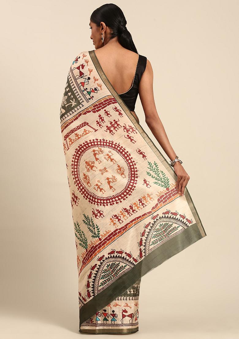 Green Abstract Print Cotton Saree Set