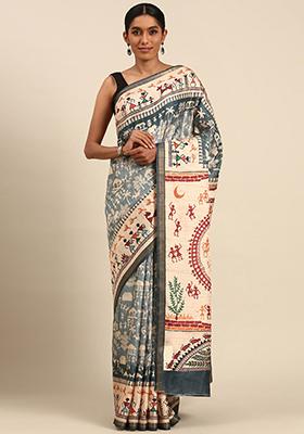 Blue Abstract Print Cotton Saree Set