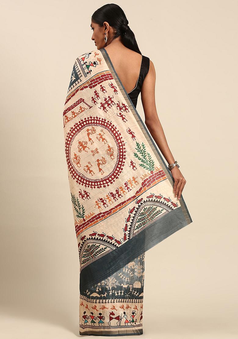 Blue Abstract Print Cotton Saree Set