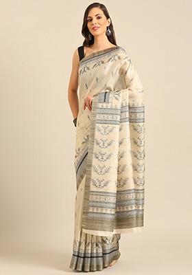 Off White Abstract Print Cotton Saree Set