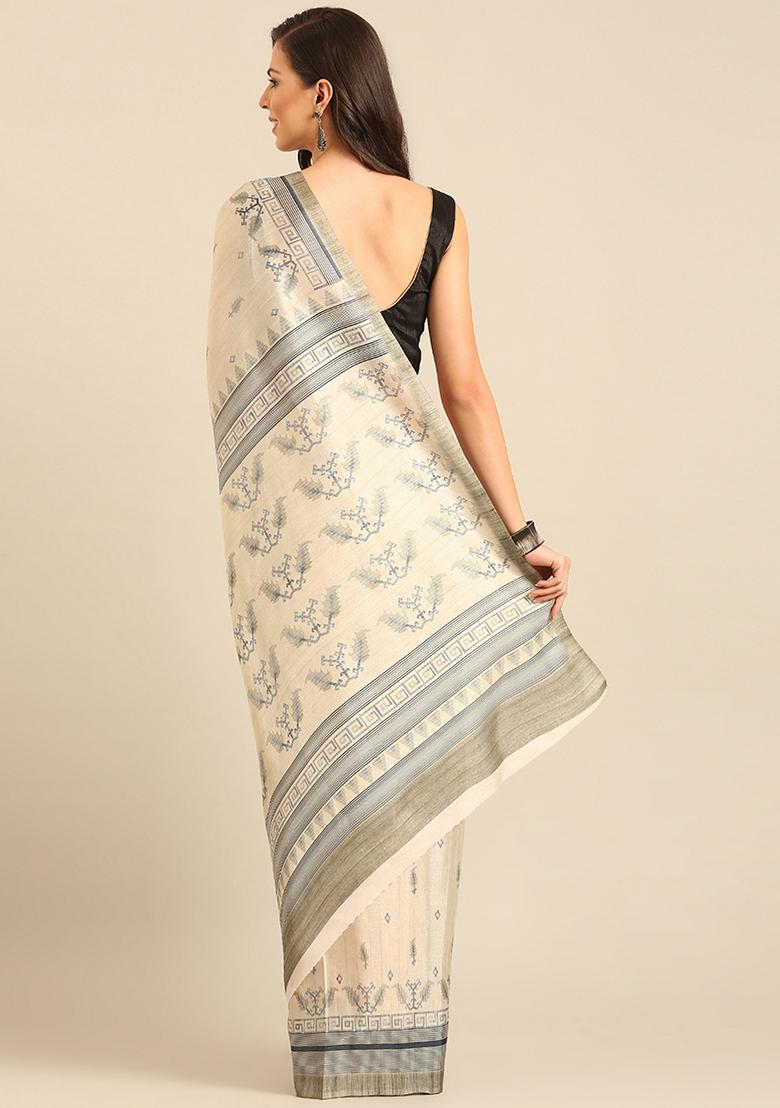Off White Abstract Print Cotton Saree Set