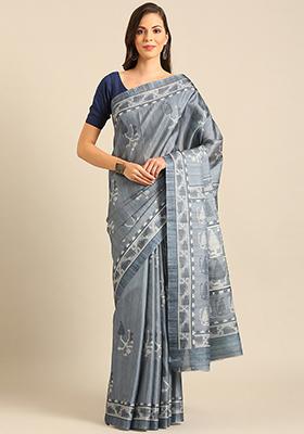 Blue Abstract Print Cotton Saree Set