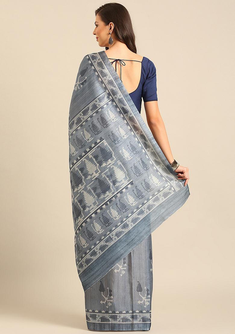 Blue Abstract Print Cotton Saree Set