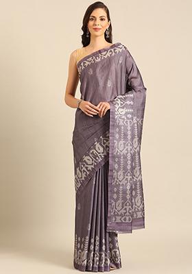 Purple Abstract Print Cotton Saree Set