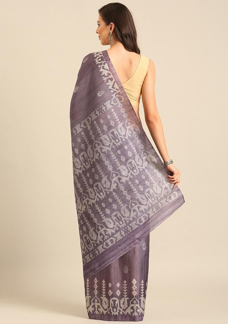 Purple Abstract Print Cotton Saree Set