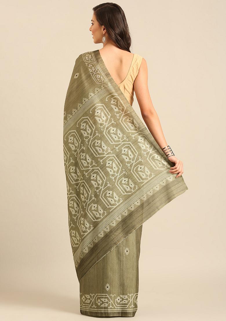 Green Abstract Print Cotton Saree Set