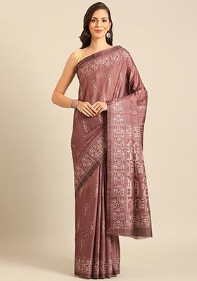 Wine Abstract Print Cotton Saree Set