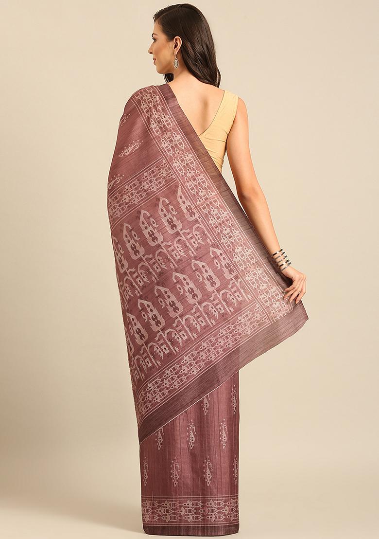 Wine Abstract Print Cotton Saree Set
