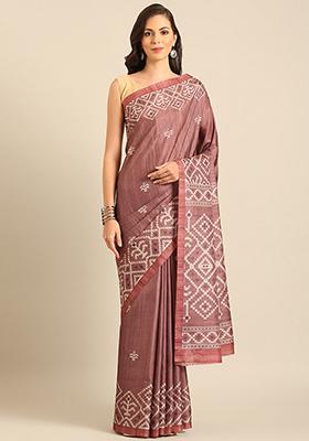 Maroon Abstract Print Cotton Saree Set