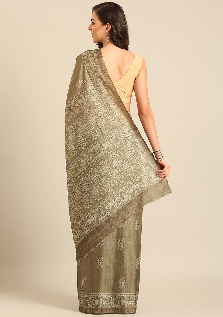 Green Abstract Print Cotton Saree Set