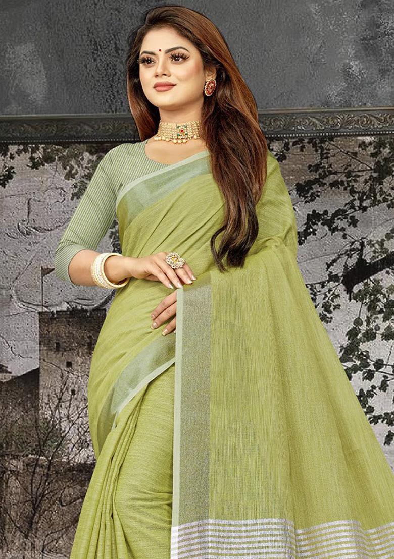 Green Abstract Print Poly Blend Saree Set