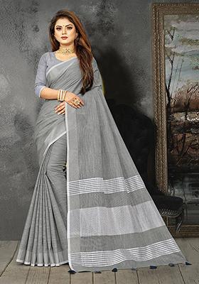 Grey Abstract Print Poly Blend Saree Set