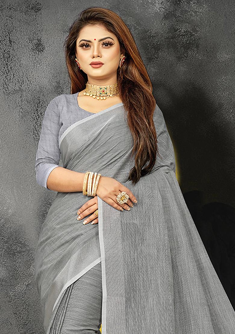 Grey Abstract Print Poly Blend Saree Set
