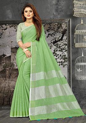 Green Abstract Print Poly Blend Saree Set