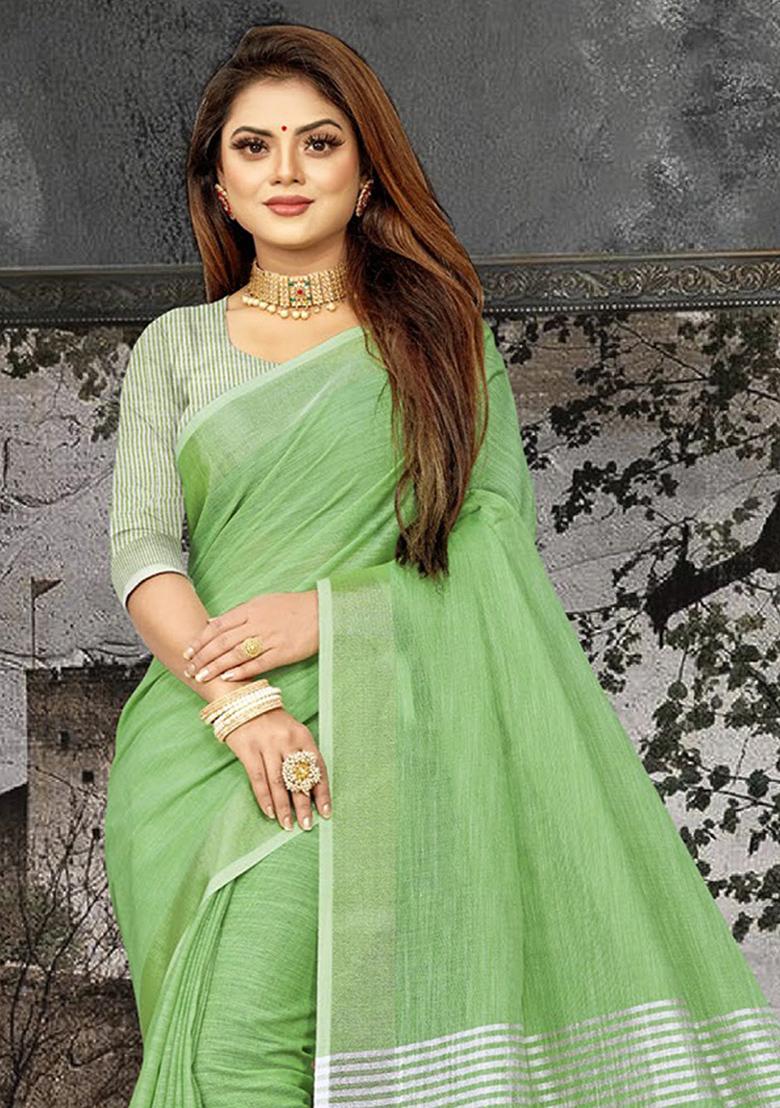 Green Abstract Print Poly Blend Saree Set