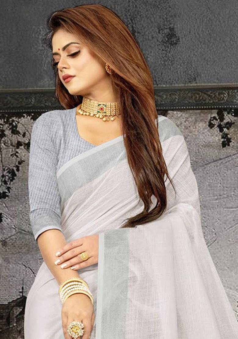 White Abstract Print Poly Blend Saree Set