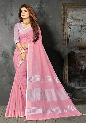 Pink Abstract Print Poly Blend Saree Set