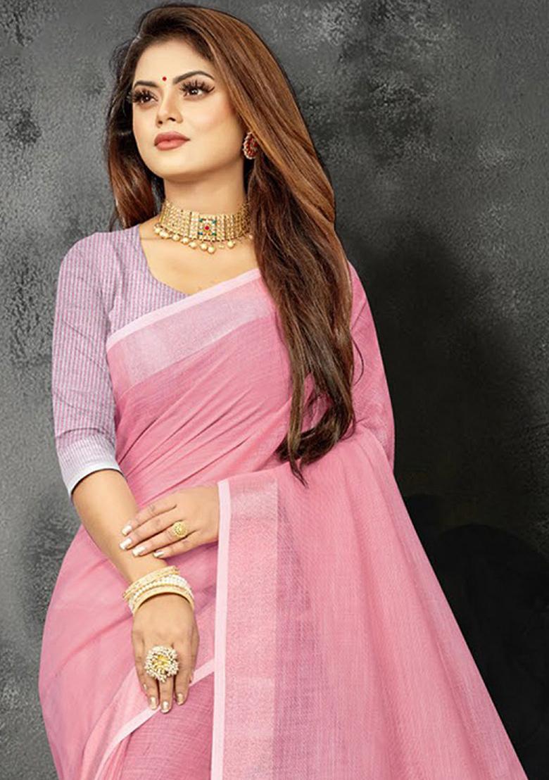 Pink Abstract Print Poly Blend Saree Set