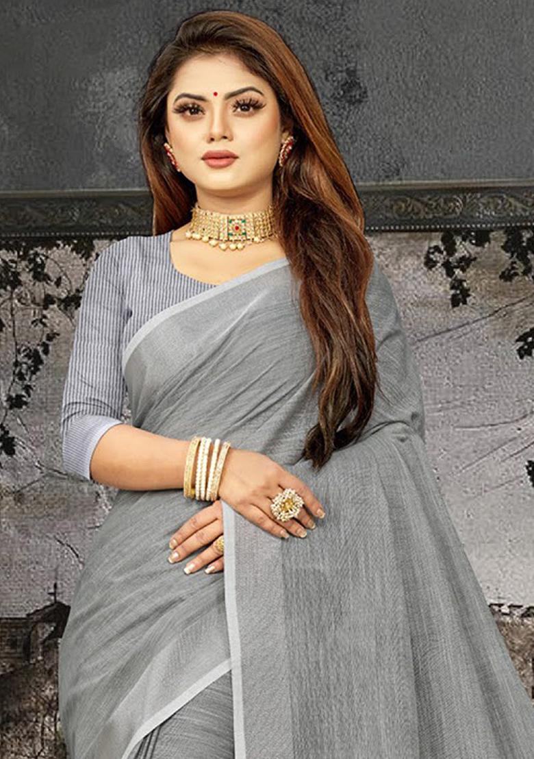 Grey Abstract Print Poly Blend Saree Set