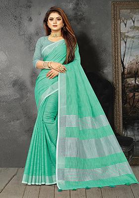 Sea Green Abstract Print Poly Blend Saree Set