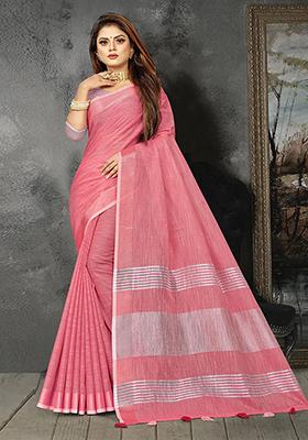 Pink Abstract Print Poly Blend Saree Set