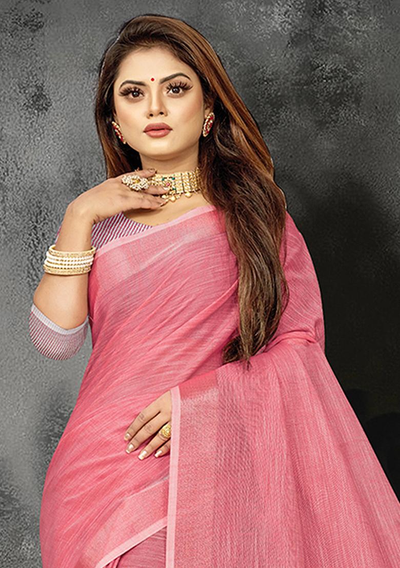 Pink Abstract Print Poly Blend Saree Set