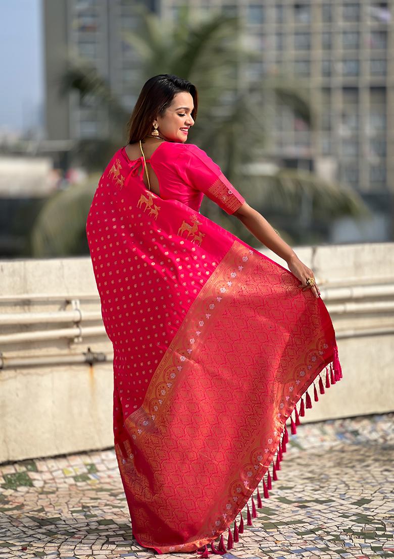 Pink Zari Woven Silk Saree Set