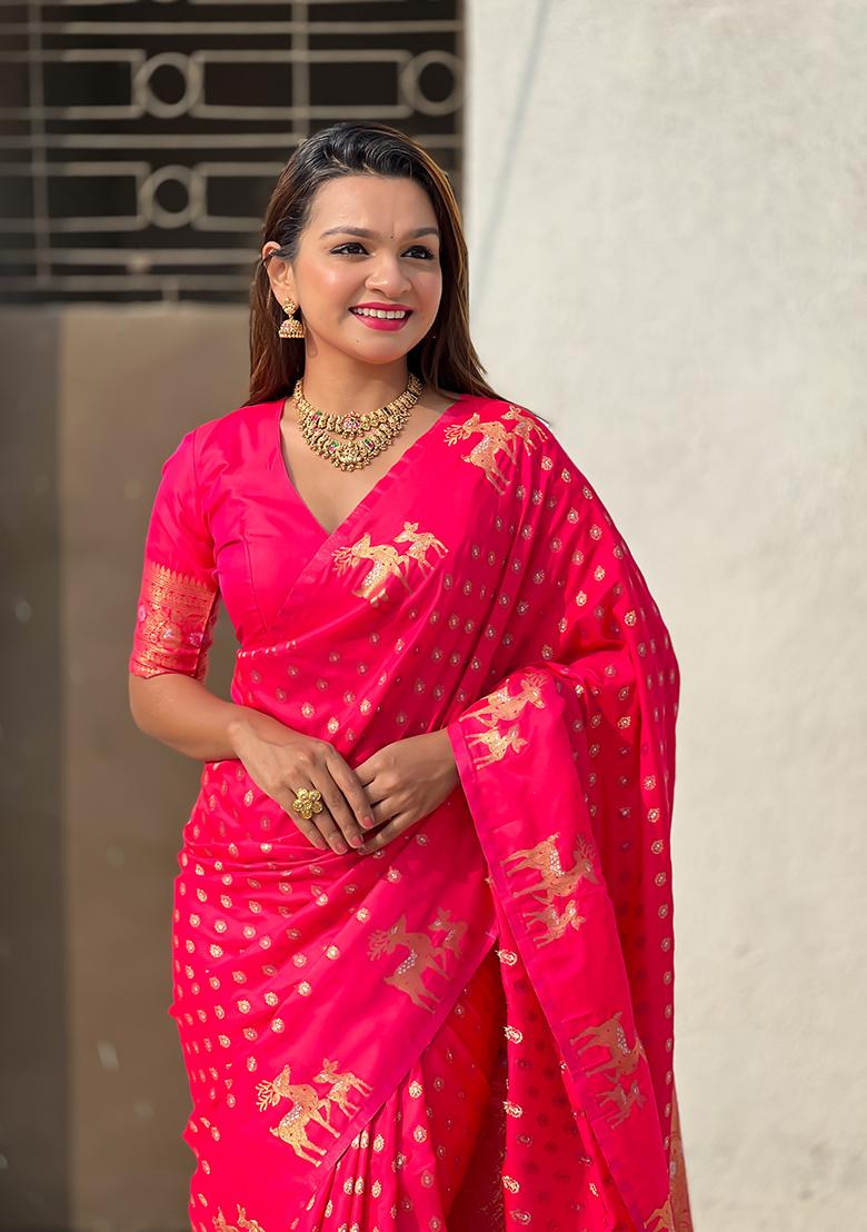Pink Zari Woven Silk Saree Set