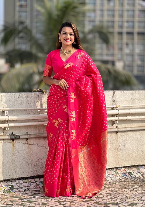 Pink Zari Woven Silk Saree Set