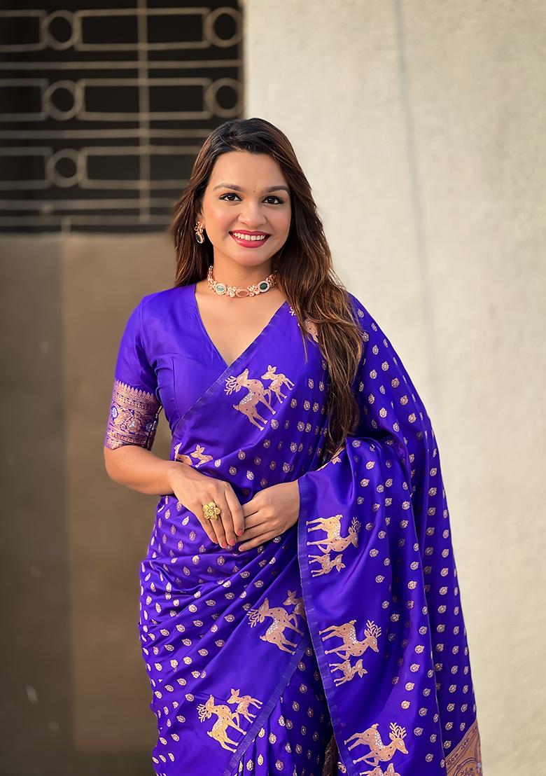 Violet Zari Woven Silk Saree Set