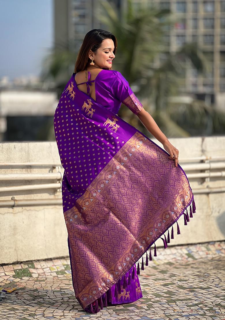 Purple Zari Woven Silk Saree Set