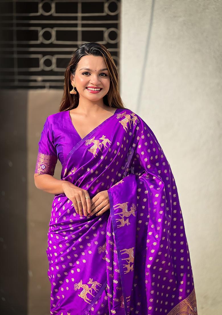 Purple Zari Woven Silk Saree Set