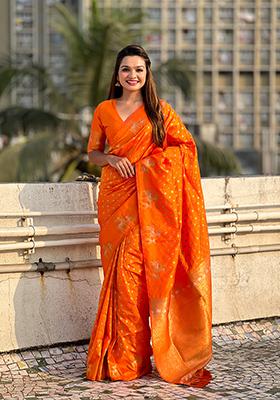 Orange Zari Woven Silk Saree Set