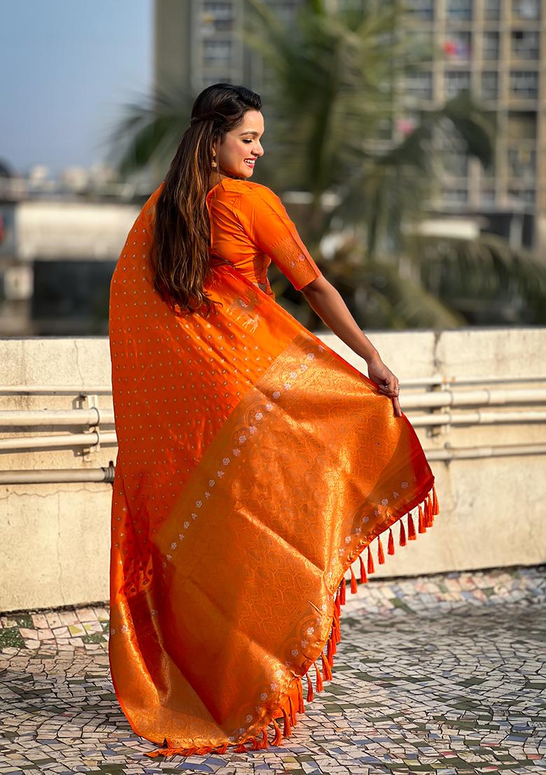Orange Zari Woven Silk Saree Set