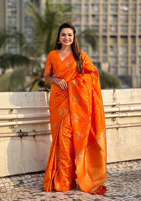 Orange Zari Woven Silk Saree Set