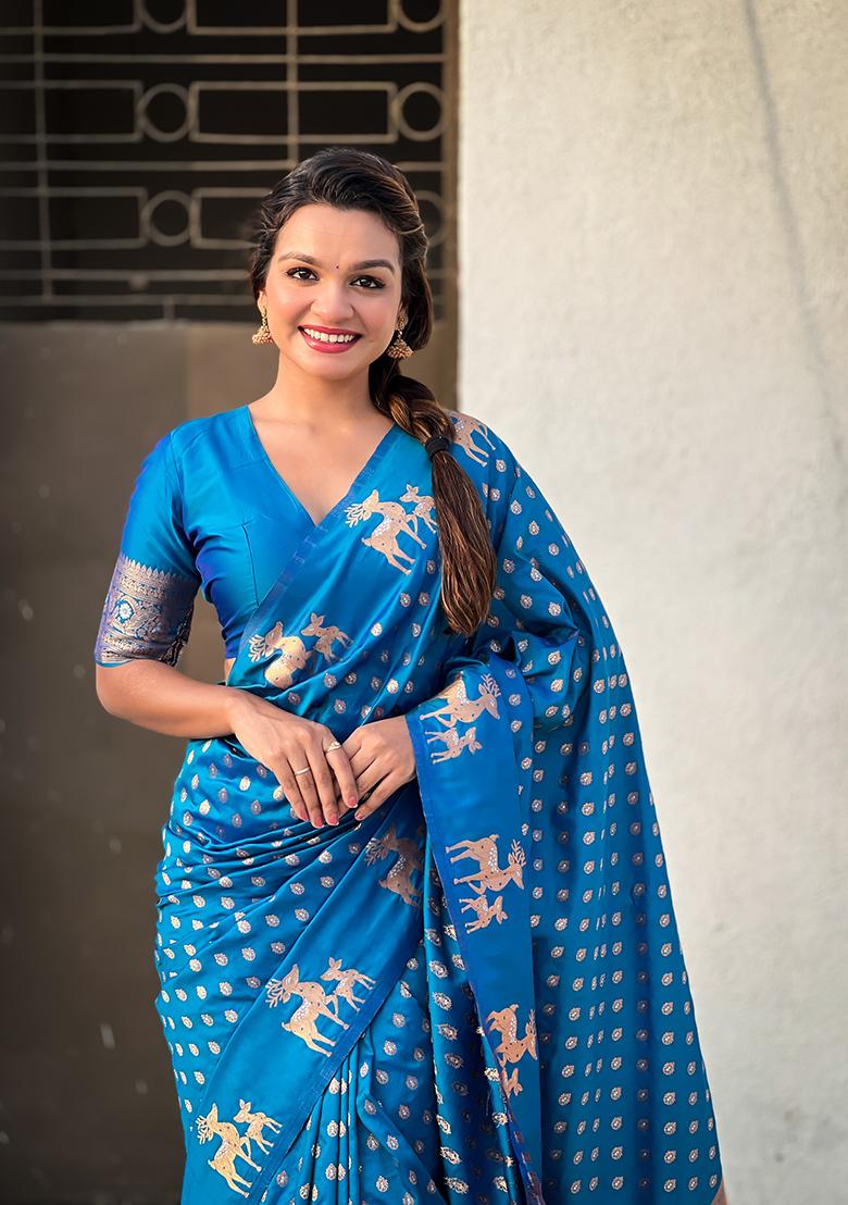 Blue Zari Woven Silk Saree Set
