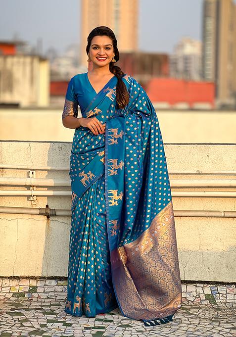 Blue Zari Woven Silk Saree Set