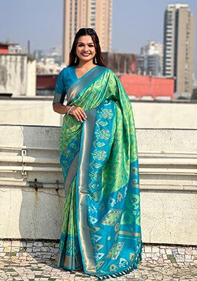 Sea Green Zari Woven Silk Saree Set