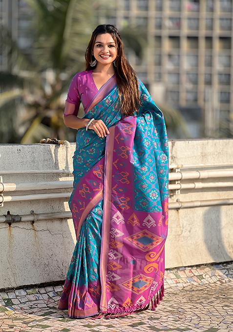 Blue Zari Woven Silk Saree Set