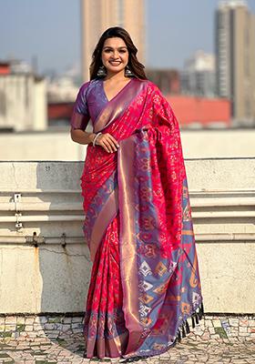 Pink Zari Woven Silk Saree Set